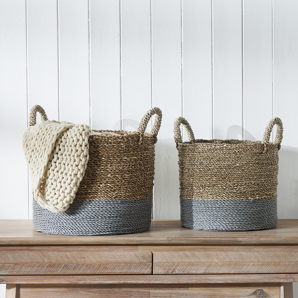 Set of 2 Banana Leaf Two Tone Natural and Grey Baskets