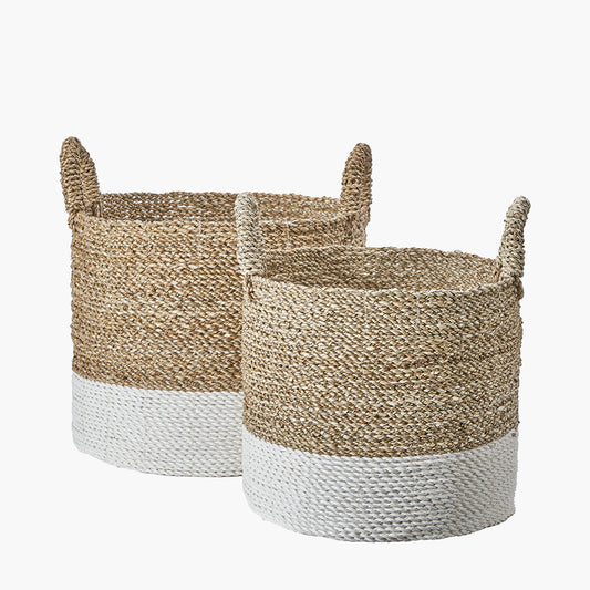 Set of 2 Banana Leaf Two Tone Natural and White Storage Baskets with Handles