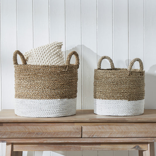 Set of 2 Banana Leaf Two Tone Natural and White Storage Baskets with Handles