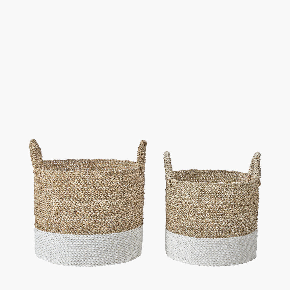 Set of 2 Banana Leaf Two Tone Natural and White Storage Baskets with Handles