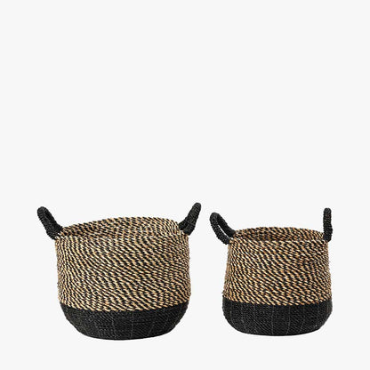 Set of 2 Natural and Black Round Handled Seagrass Baskets