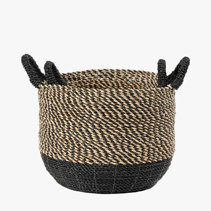 Set of 2 Natural and Black Round Handled Seagrass Baskets