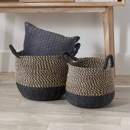 Set of 2 Natural and Black Round Handled Seagrass Baskets
