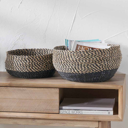 Set of 2 Natural and Black Seagrass Round Baskets