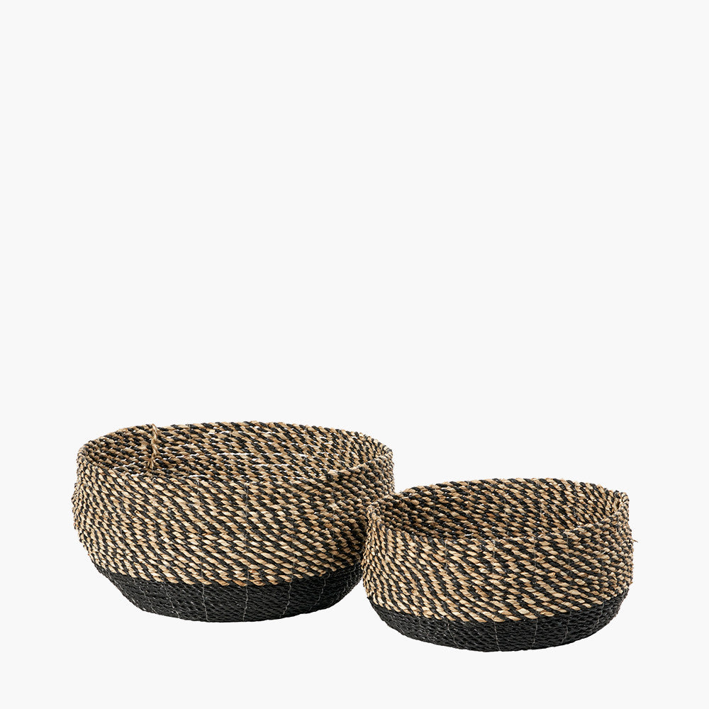 Set of 2 Natural and Black Seagrass Round Baskets