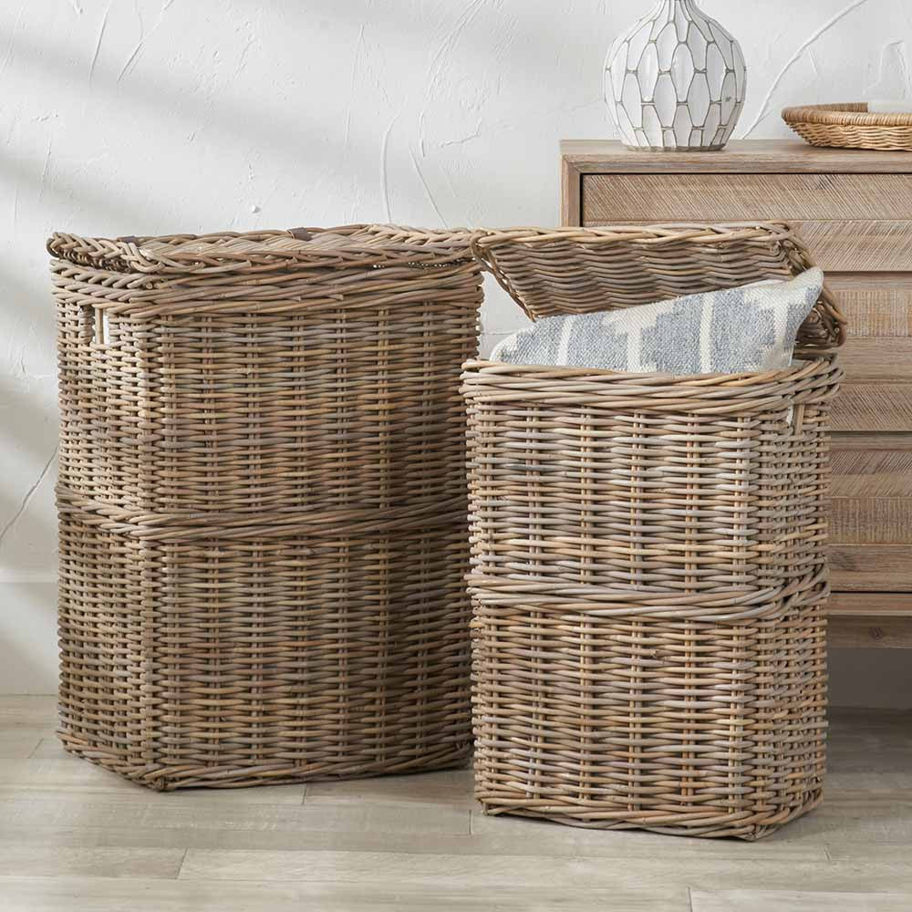 Set of 2 Grey Kubu Rectangular Linen Baskets with Handles