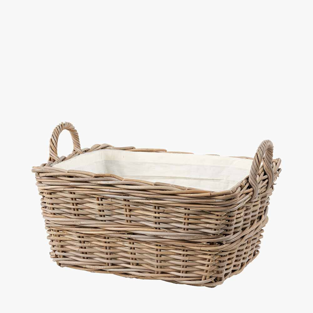 Grey Kubu Rattan Rectangular Lined Laundry Basket with Handles