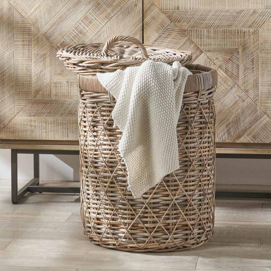 Brown Rattan Round Linen Laundry Basket Hamper