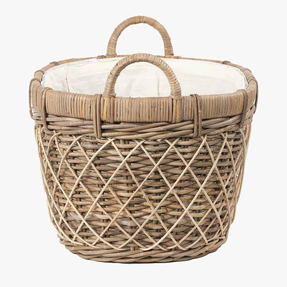 Brown Rattan Oval Laundry Basket with Lining and Handles