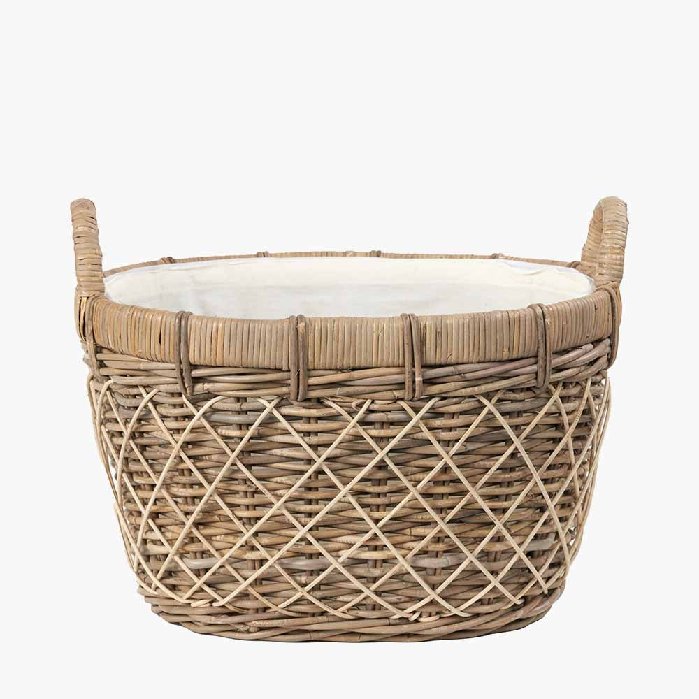 Brown Rattan Oval Laundry Basket with Lining and Handles