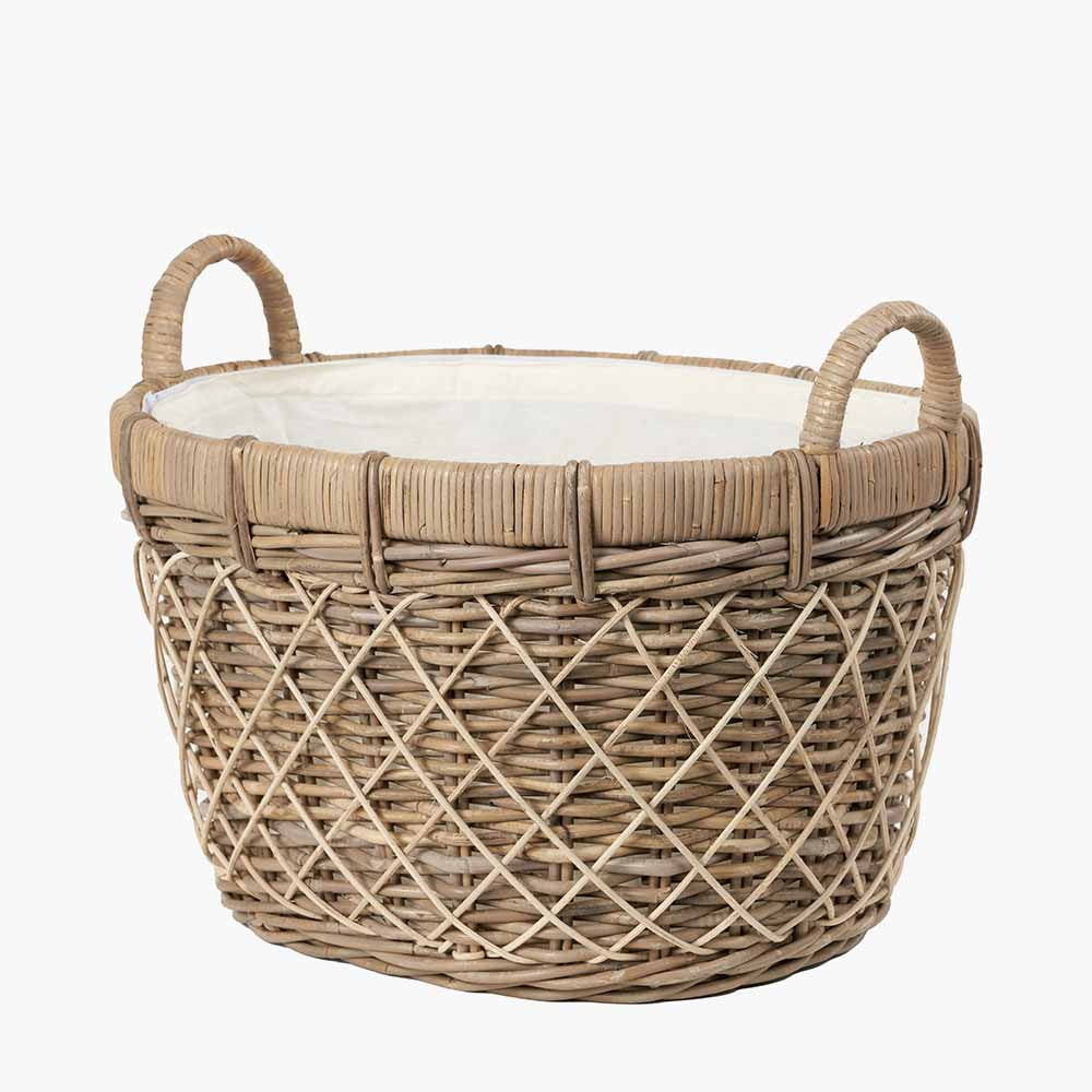 Brown Rattan Oval Laundry Basket with Lining and Handles