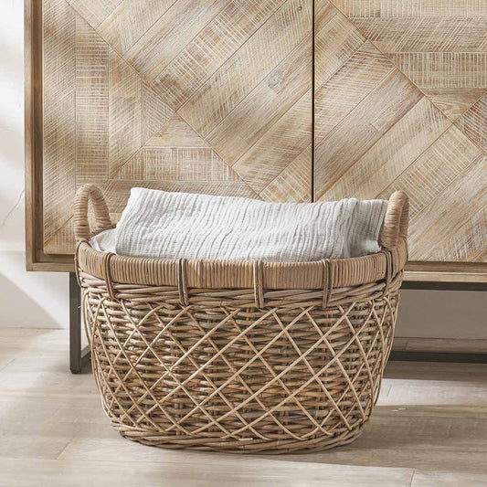 Brown Rattan Oval Laundry Basket with Lining and Handles