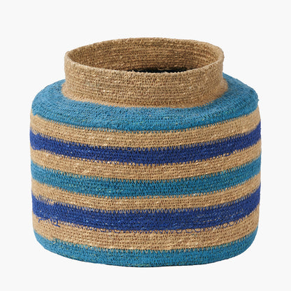 Seagrass Natural, Blue and Turquoise Stripe Round Basket