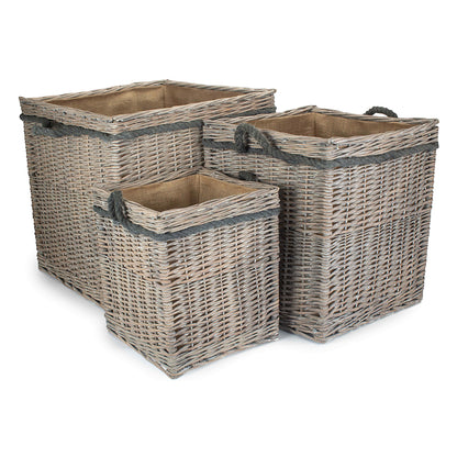 Grey Wash Willow Square Storage Basket Set 3