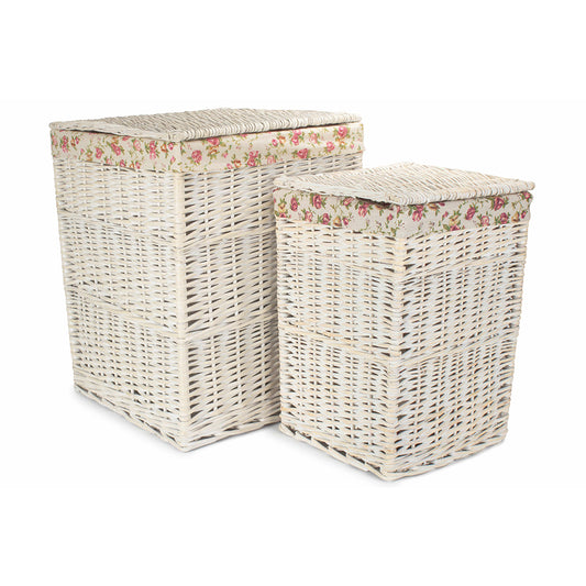 Square White Wash Laundry Hamper with Garden Rose Lining Set 2