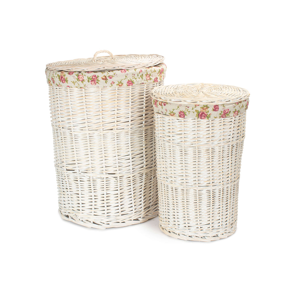 White Wash Willow Round Laundry Hamper with Garden Rose Lining Set 2