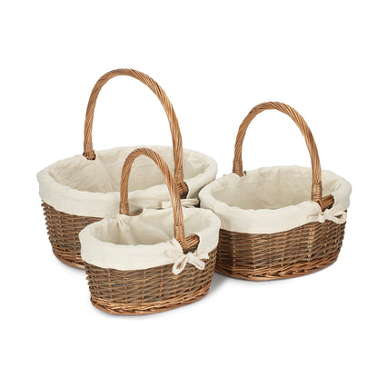 Oval Unpeeled Willow Shopper Basket with White Lining Set 3