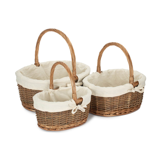 Oval Unpeeled Willow Shopper Basket with White Lining Set 3