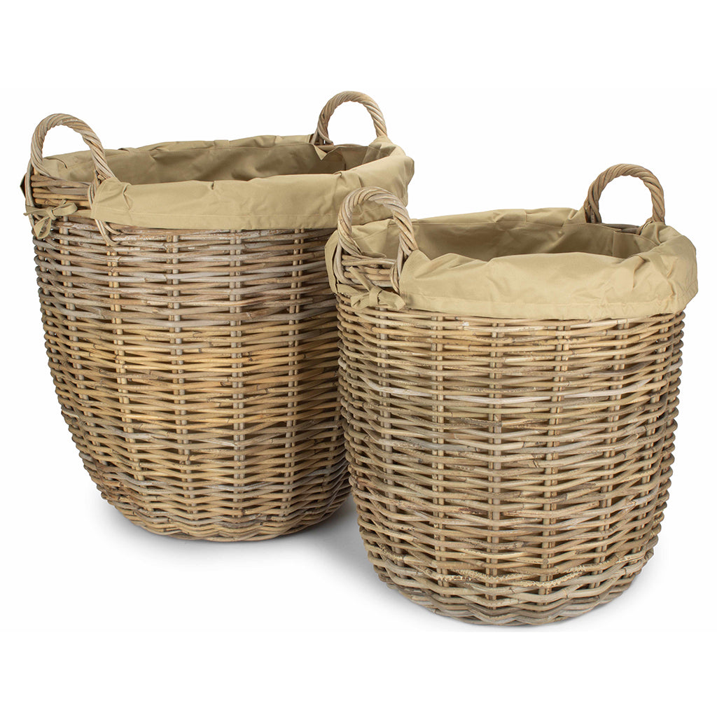 Tall Round Kubu Rattan Log Basket with Cordura Lining Set 2