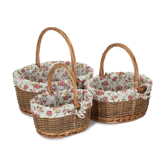 Oval Unpeeled Willow Shopper Basket with Garden Rose Lining Set 3