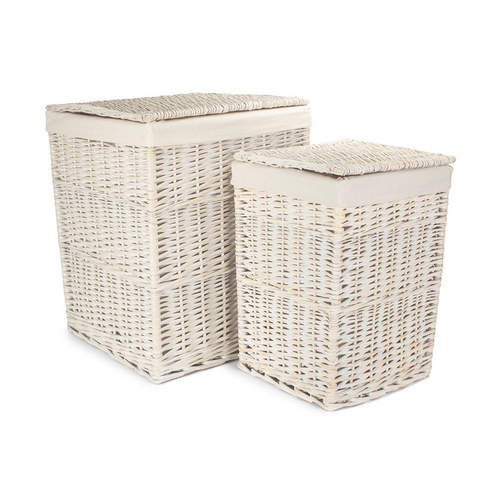 White Wash Willow Square Laundry Hamper with White Lining Set 2