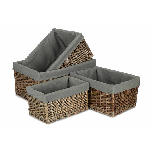 Antique Wash Willow Storage Basket with Grey Sage Lining Set 4