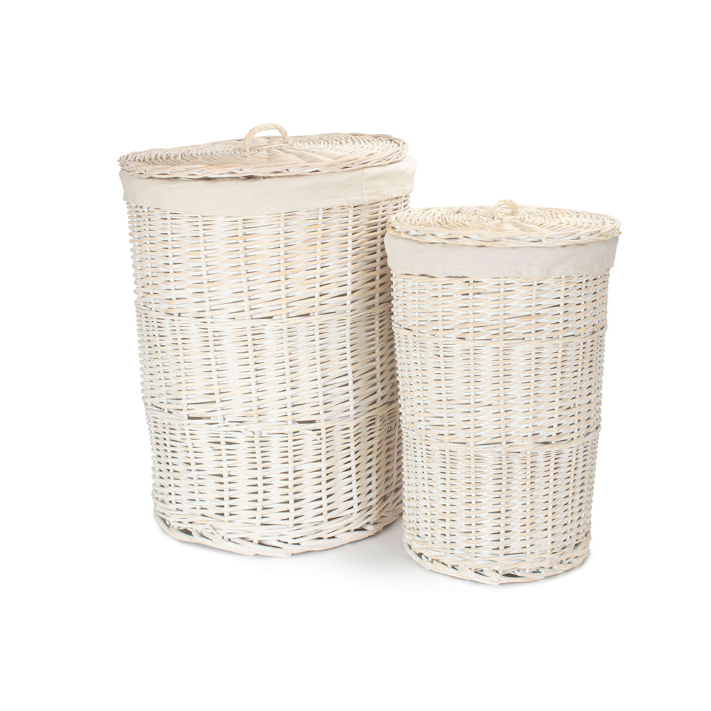 White Wash Willow Round Laundry Hamper with White Lining Set 2