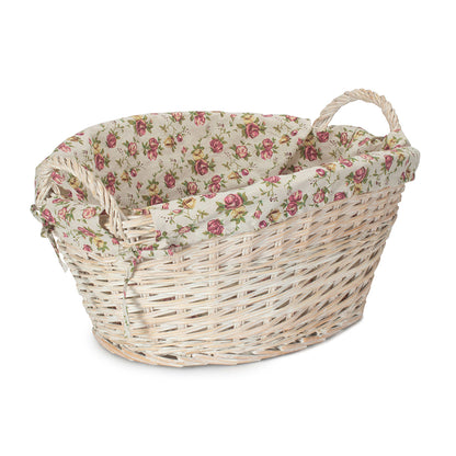 White Wash Willow Washing Basket with Garden Rose Lining