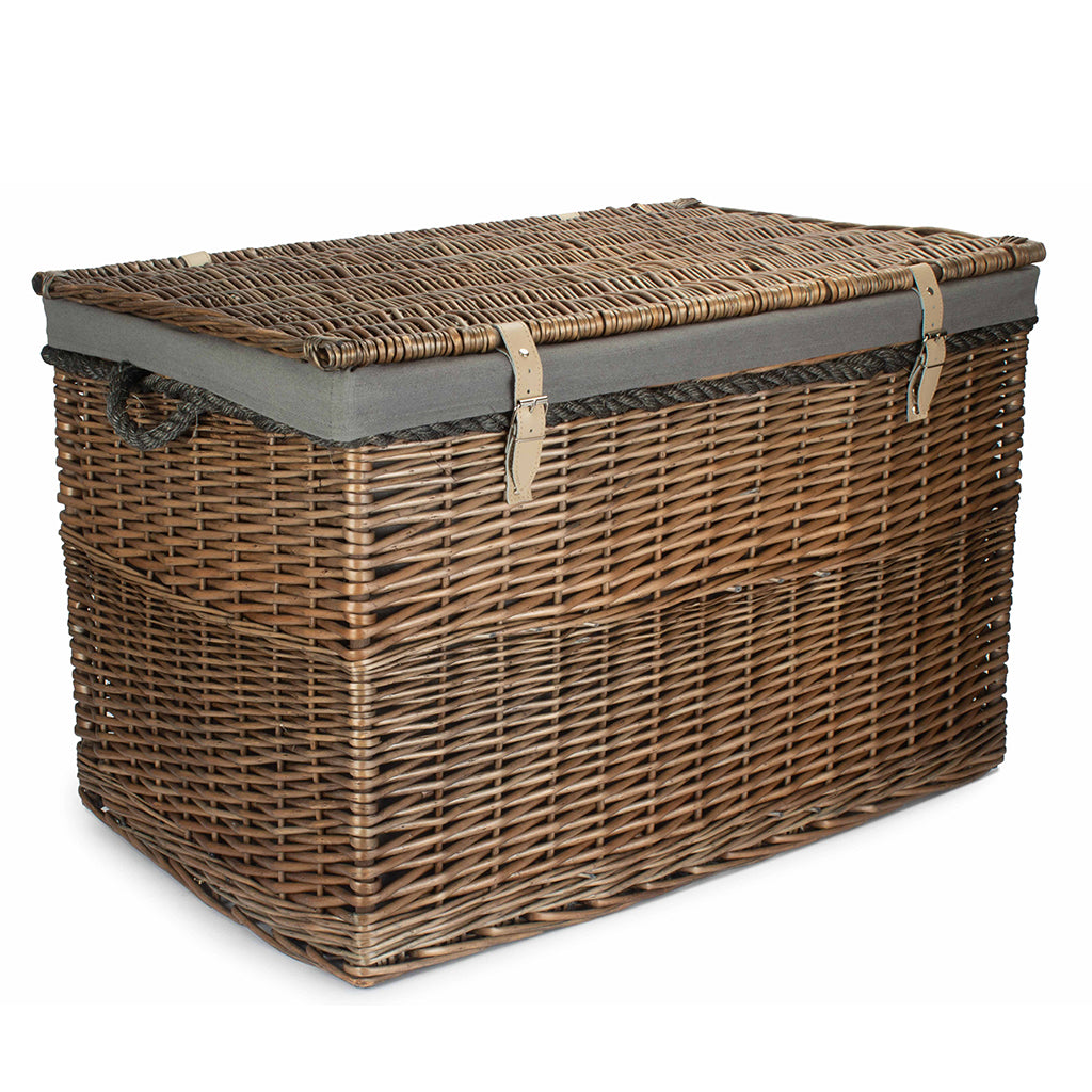 29 Inch Antique Wash Willow Storage Hamper with Rope Handles and Grey Sage Lining
