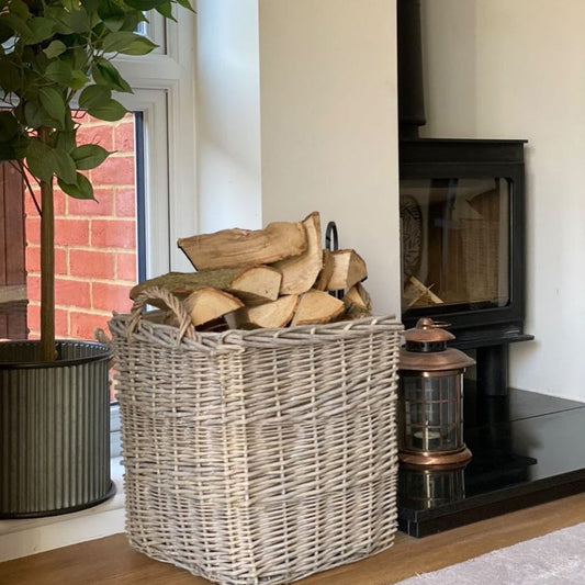 Wovenhill Wicker Grey Wash Square Log Basket with Hoop Handles
