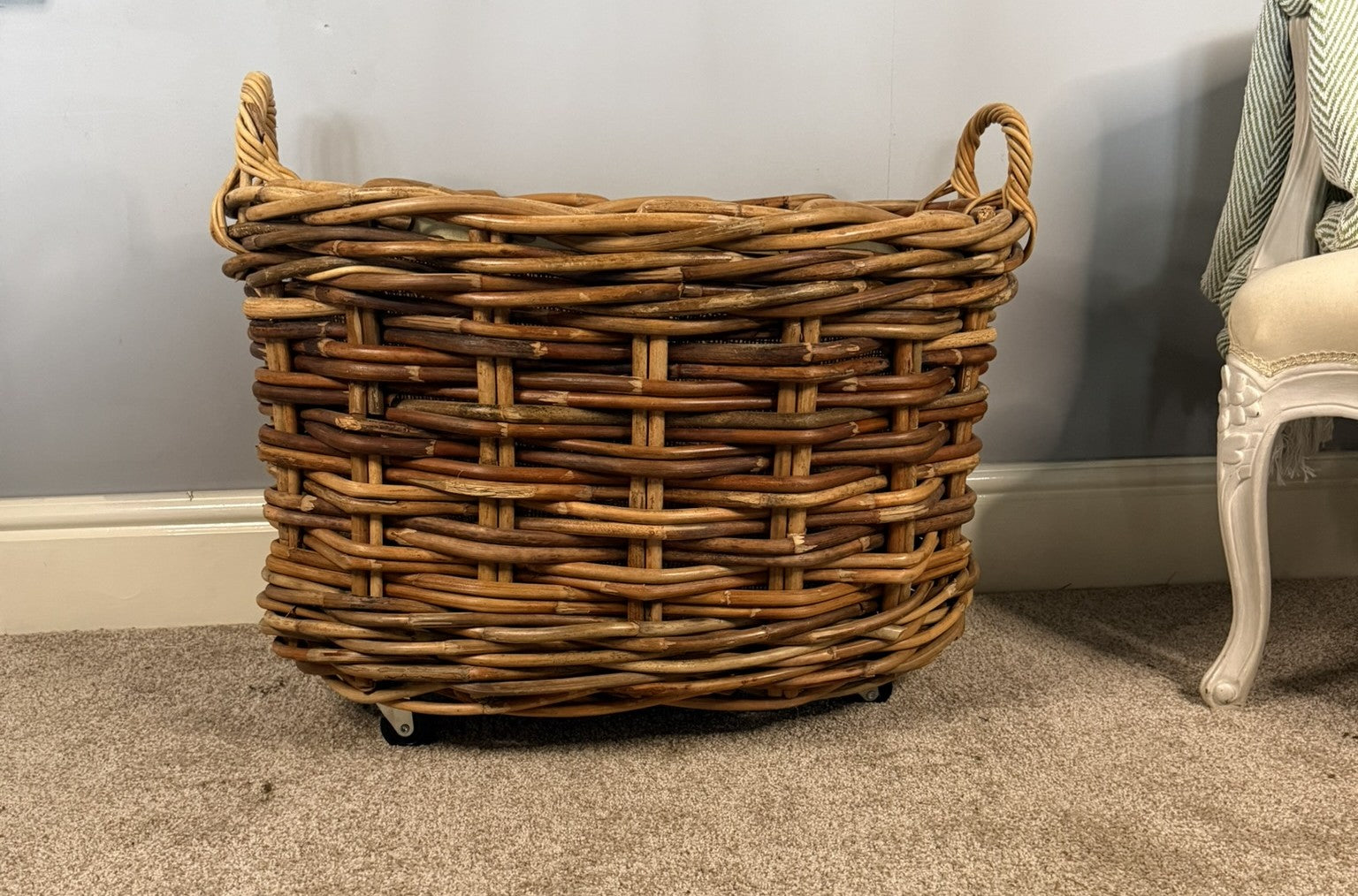 Bamboo Oval Log Basket Wheels Hoop Handles