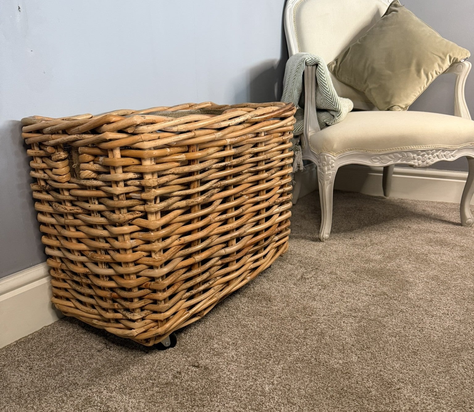 Bamboo Rattan Rectangular Storage Log Basket Wheels