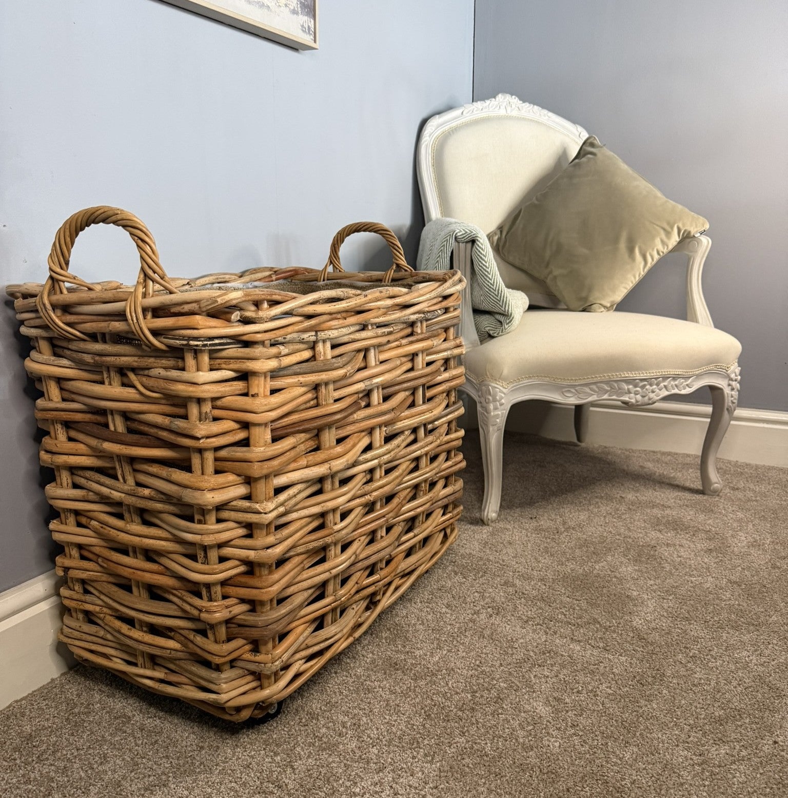 Bamboo Rattan Rectangle Storage Log Basket Wheels Hoop Handles