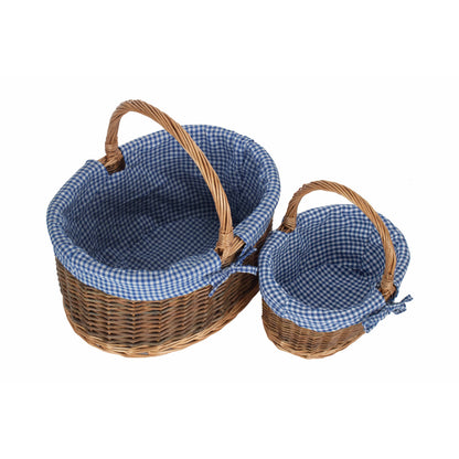 Country Oval Shopper With Blue & White Checked Lining Set 2