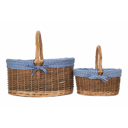 Country Oval Shopper With Blue & White Checked Lining Set 2