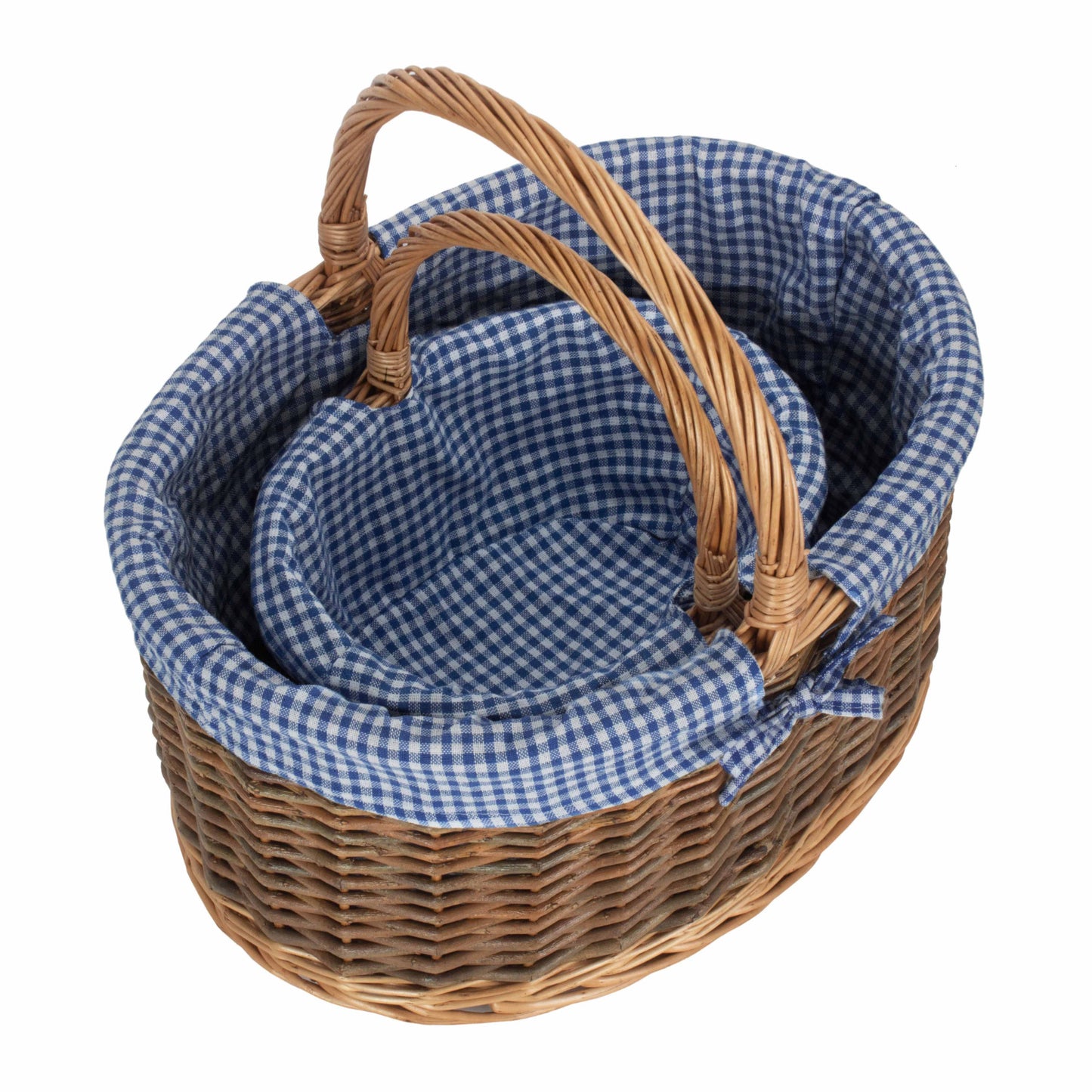 Country Oval Shopper With Blue & White Checked Lining Set 2