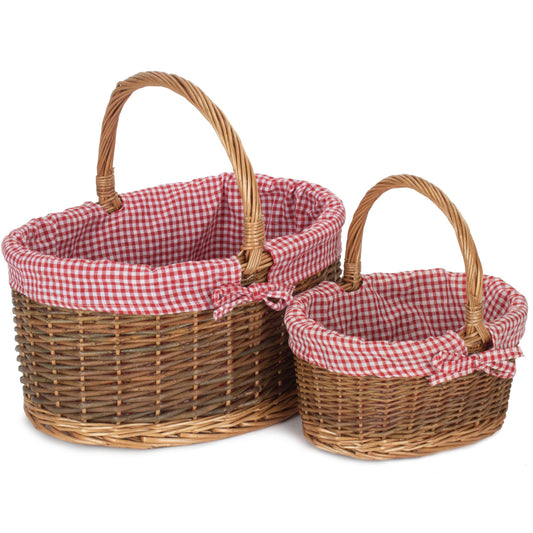 Country Oval Shopper With Red & White Checked Lining Set 2
