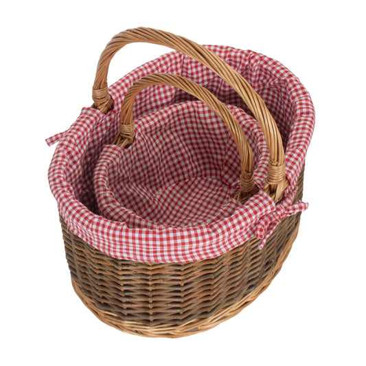 Country Oval Shopper With Red & White Checked Lining Set 2