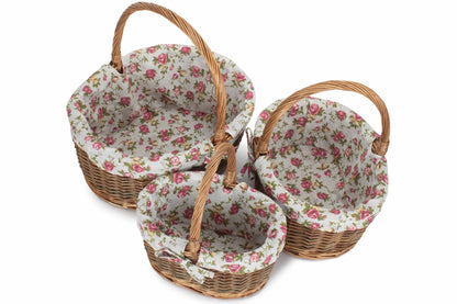 Oval Unpeeled Willow Shopper Basket with Garden Rose Lining Set 3