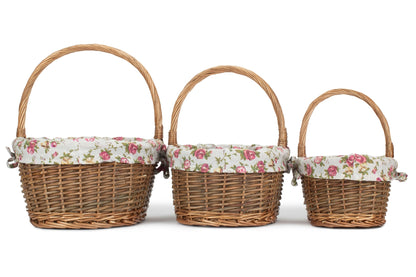 Oval Unpeeled Willow Shopper Basket with Garden Rose Lining Set 3