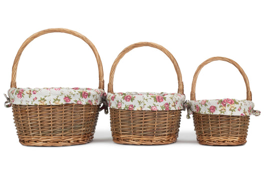 Oval Unpeeled Willow Shopper Basket with Garden Rose Lining Set 3