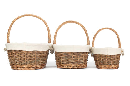 Oval Unpeeled Willow Shopper Basket with White Lining Set 3