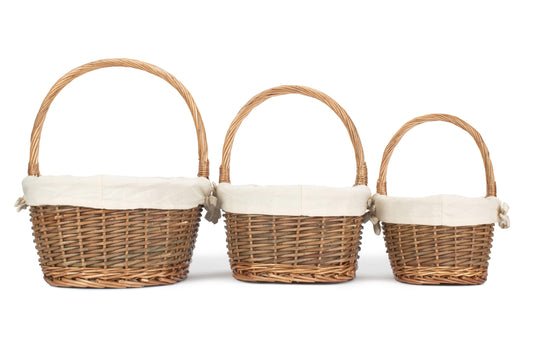 Oval Unpeeled Willow Shopper Basket with White Lining Set 3