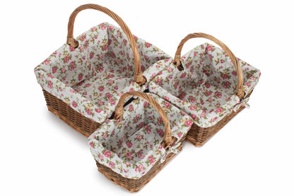 Rectangular Unpeeled Willow Shopper Basket with Garden Rose Lining Set 3