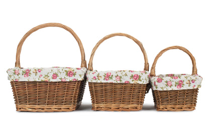 Rectangular Unpeeled Willow Shopper Basket with Garden Rose Lining Set 3