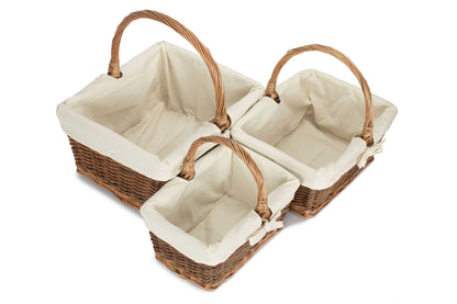 Rectangular Unpeeled Willow Shopper Baskets with White Lining Set 3