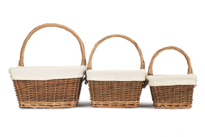 Rectangular Unpeeled Willow Shopper Baskets with White Lining Set 3