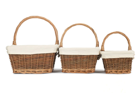 Rectangular Unpeeled Willow Shopper Baskets with White Lining Set 3