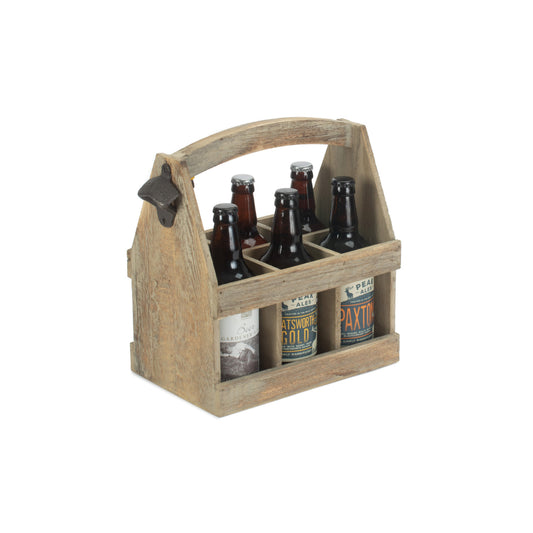 Oak Effect 6 Beer Bottle Carrier With Bottle Opener