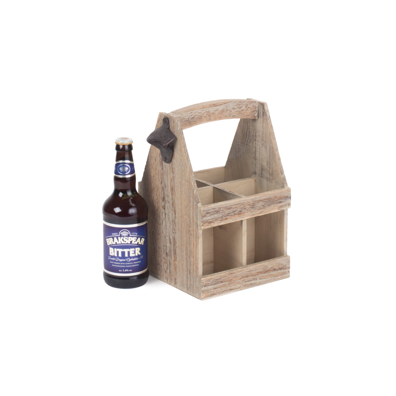 Oak Effect 4 Beer Bottle Carrier With Bottle Opener